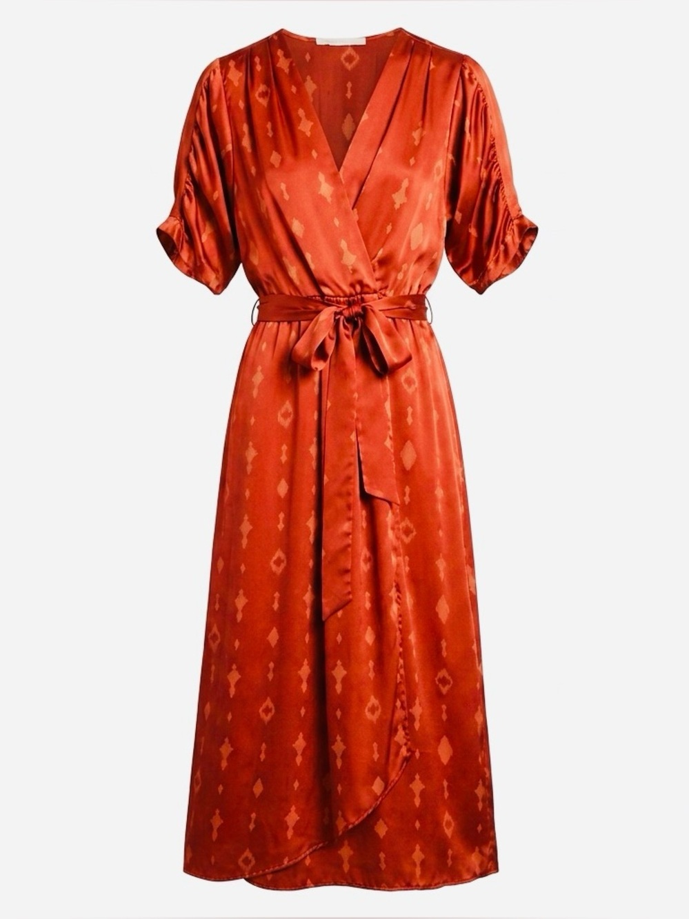 Fraiche by J Miro Faux Wrap Midi Dress Small Red Satin Flutter Sleeve USA Made